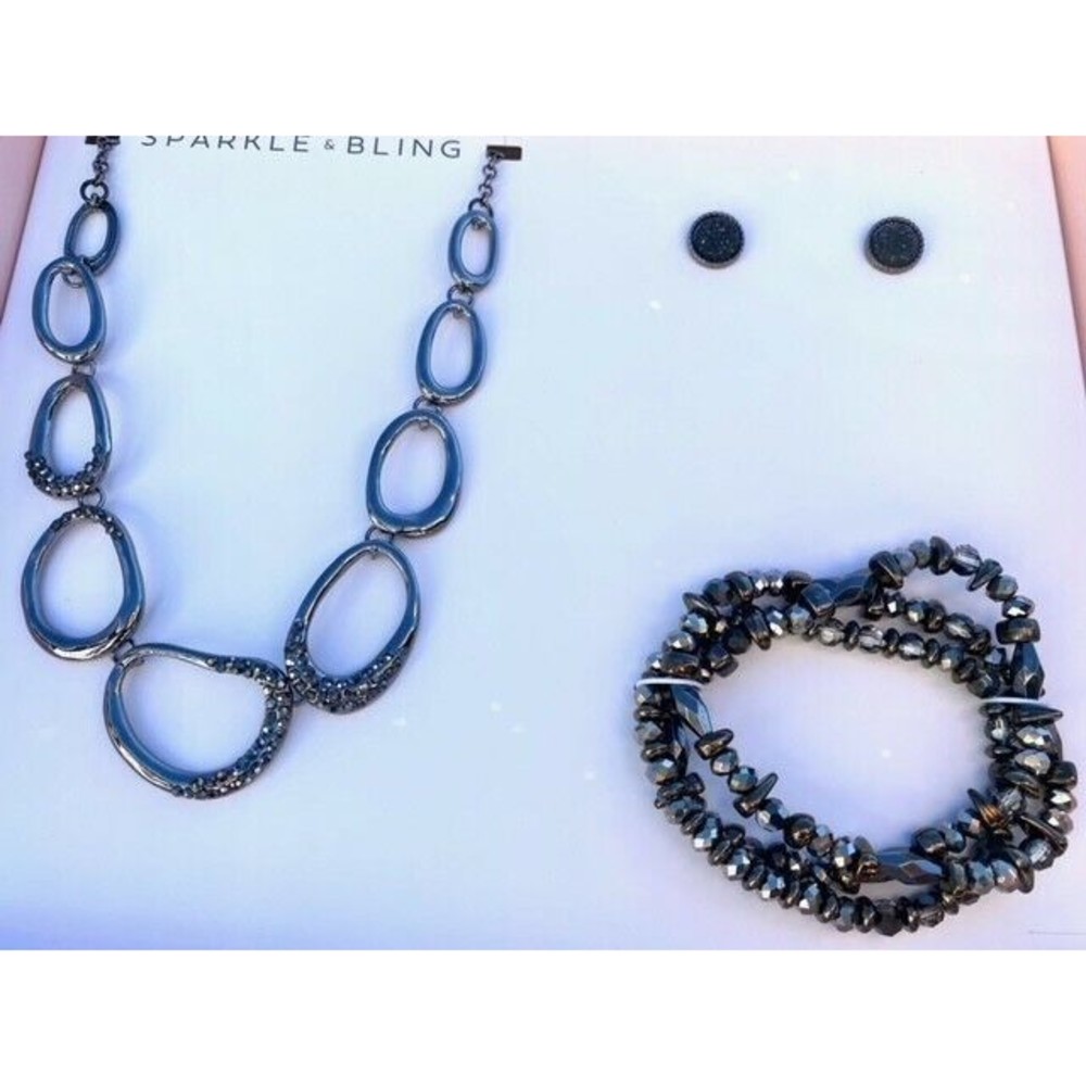 Sparkle & Bling Black Silver Beaded Necklace Bracelet Costume Jewelry Set